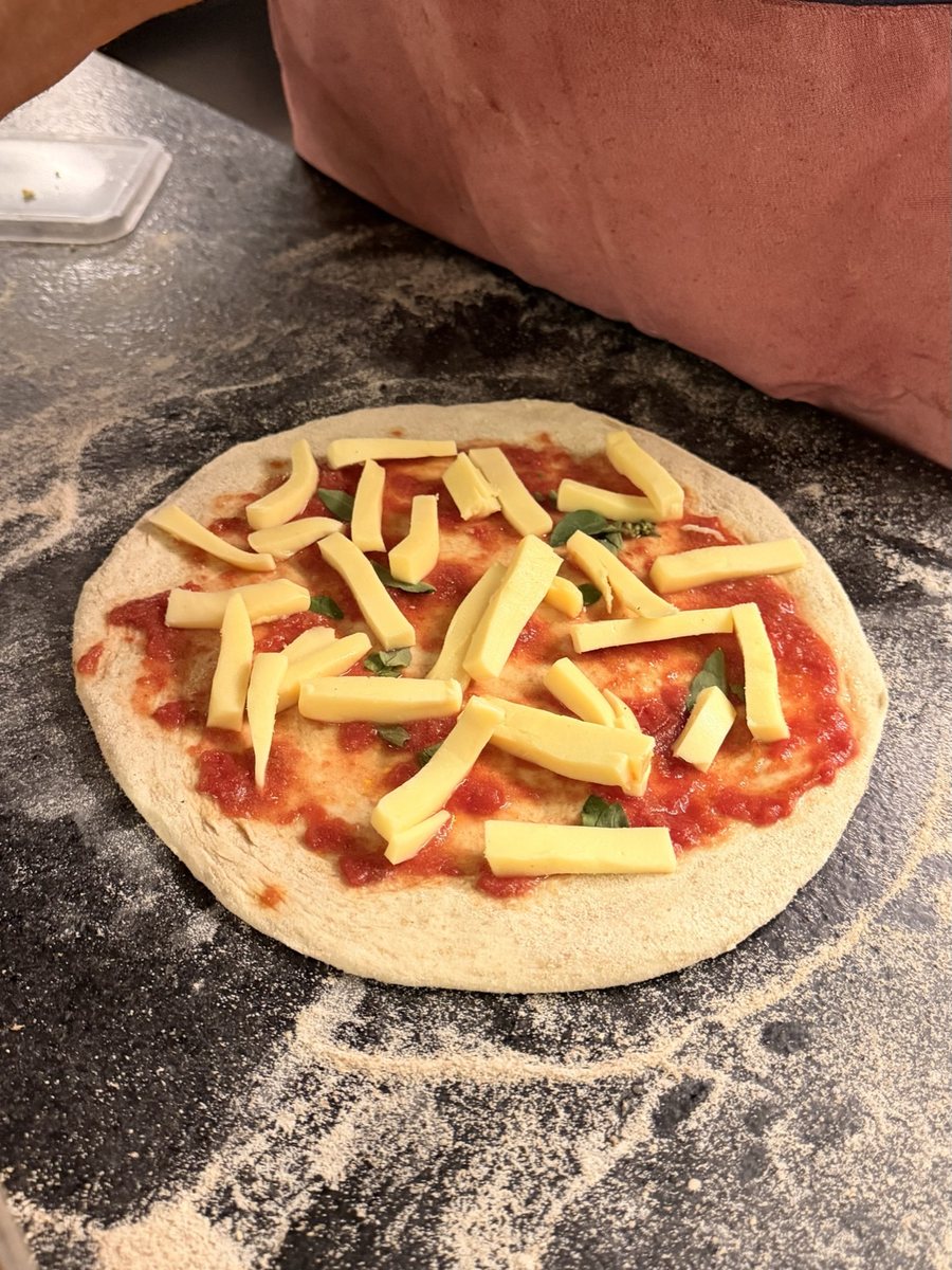 Pizza montada com batata em palito sobre o molho