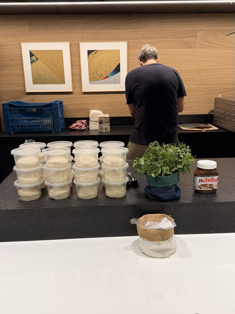 Potes de massa em fermentação enfileirados na bancada, ao lado de um vaso de manjericão