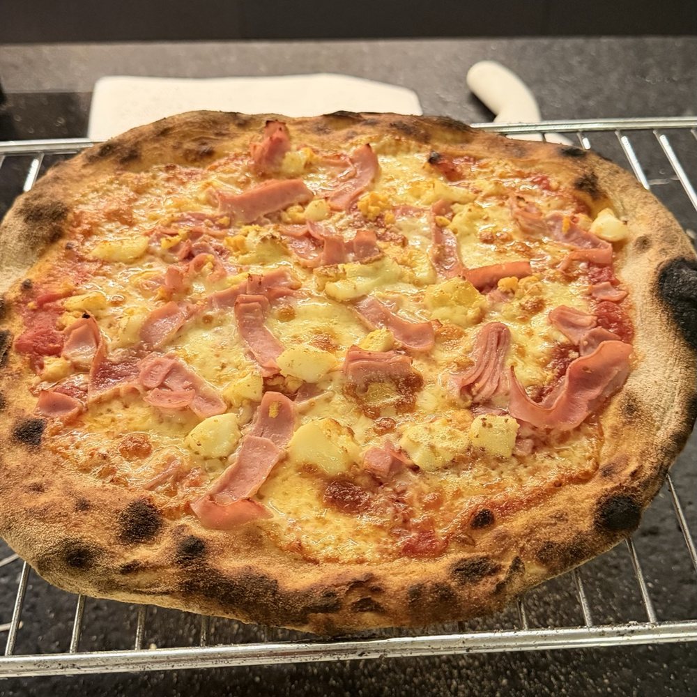 Pizza de presunto com catupiry sobre a grade